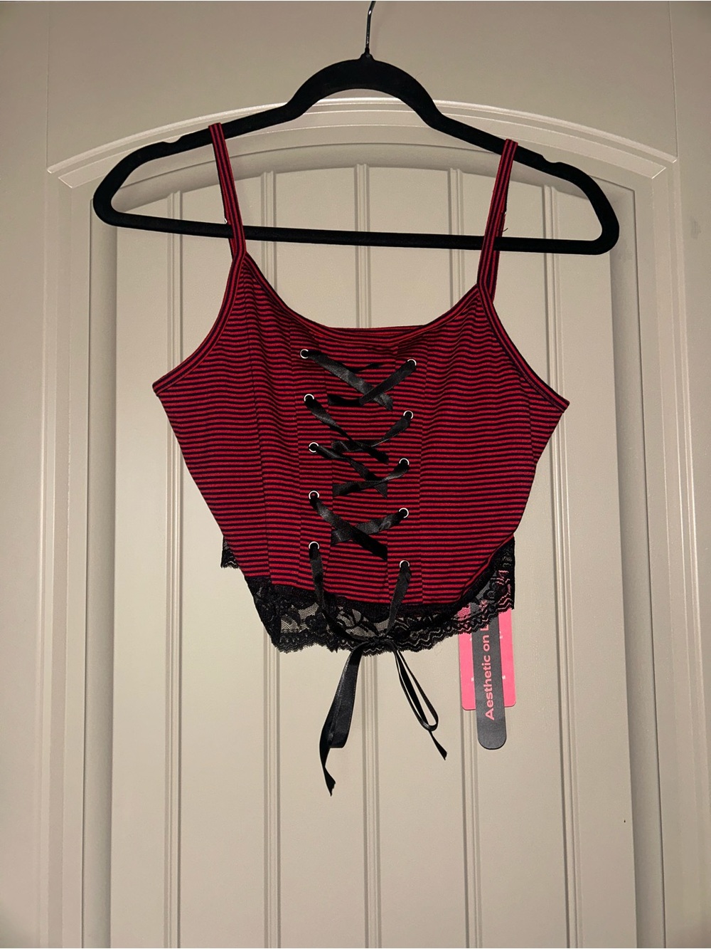 ROMWE Red and Black Striped Lace-Up Cropped Camisole